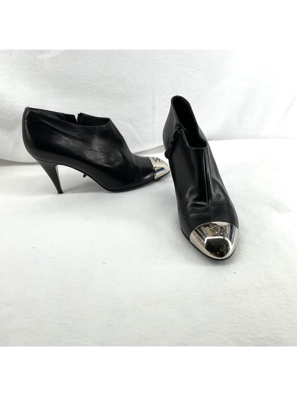 RARE  Chanel Authentic lamb skin leather logo point black booties size 37 US 6.5